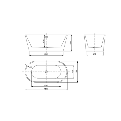 Rivato Modena 1500 x 750 x 580mm Gloss White Freestanding Shower Bath