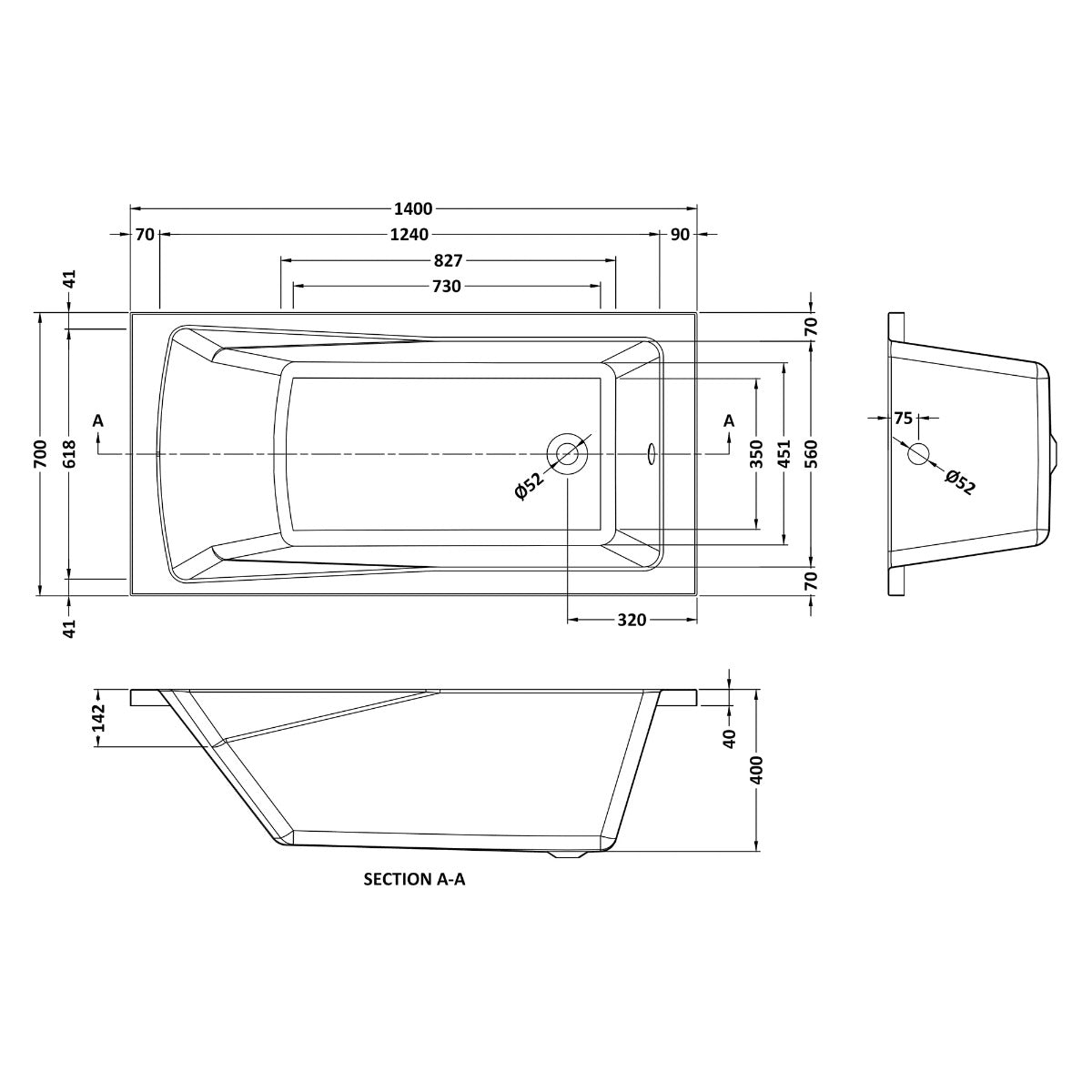 Fairford Dunsford 1400 x 700mm Sngl Ended Straight Bath, 0TH