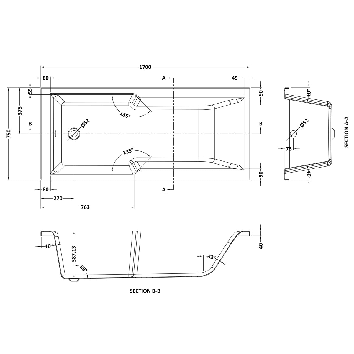 Fairford 1700 x 750mm Straight Shower Bath
