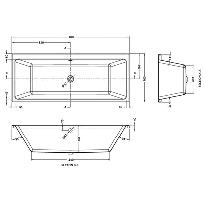 Fairford Una Thin Edge 1700 x 700mm Double Ended Straight Bath