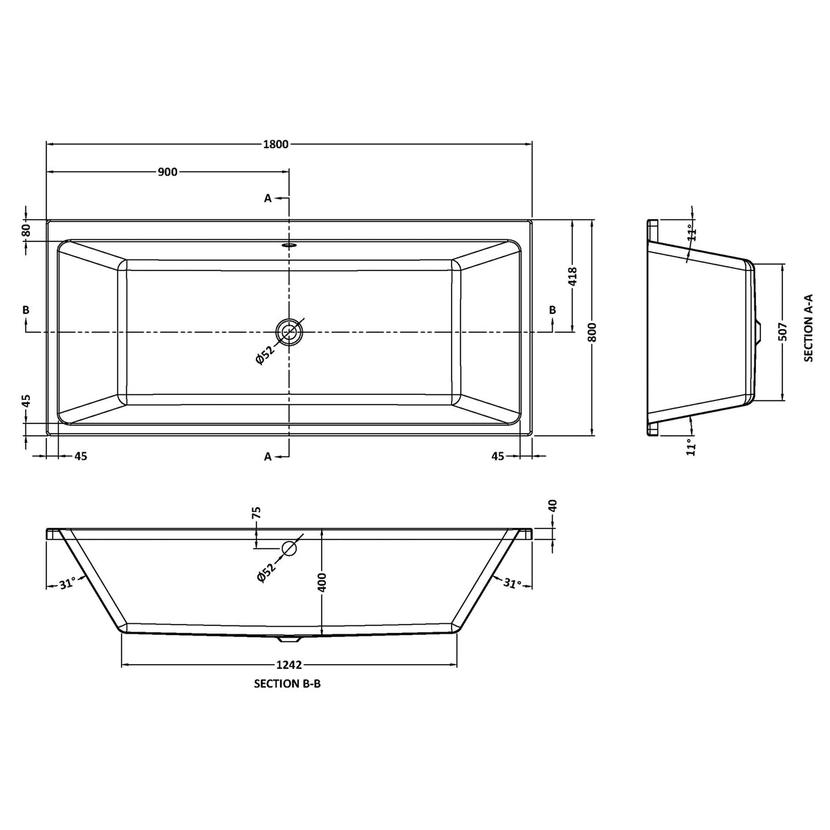 Fairford Una Thin Edge 1800 x 800mm Double Ended Straight Bath