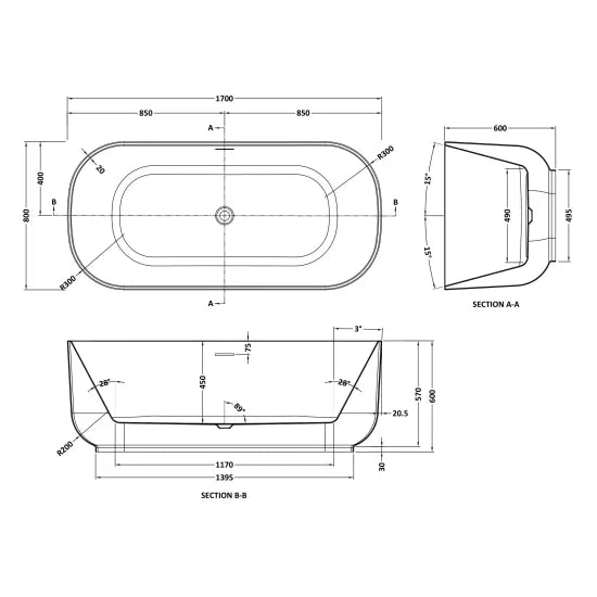 Fairford Livorna 1700 x 800 x 600mm Freestanding Bath