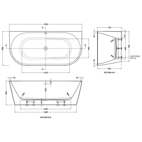 Fairford Brescia 1700 x 800 x 575mm Freestanding Bath