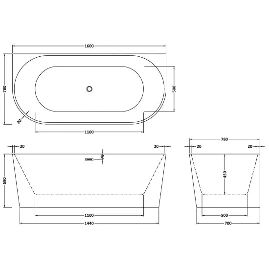 Fairford Rimini Back To Wall 1600 x 780 x 590mm Freestanding Bath
