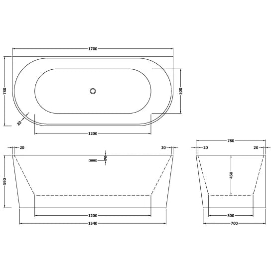 Fairford Rimini Back To Wall 1700 x 780 x 590mm Freestanding Bath