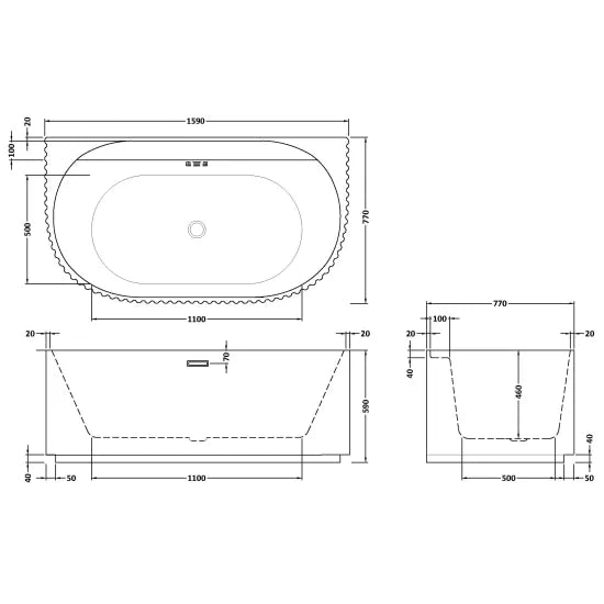 Fairford Fluted Back To Wall 1600 x 780 x 580mm Freestanding Bath