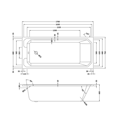 Fairford Hexam Single Ended Traditional Straight Bath-1700 x 750mm