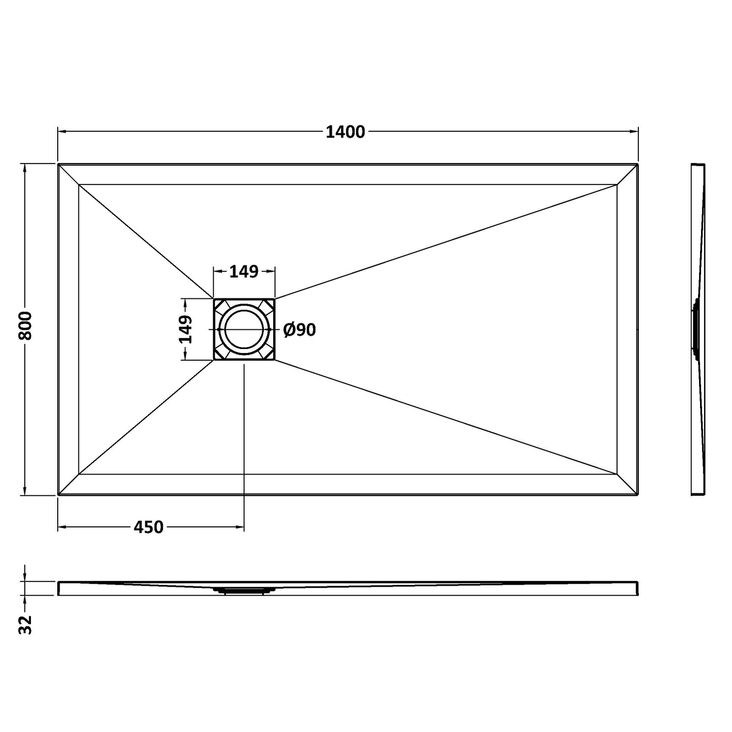 Fairford Rectangular White Slate Shower Tray, Center Waste-1400mm x 800mm