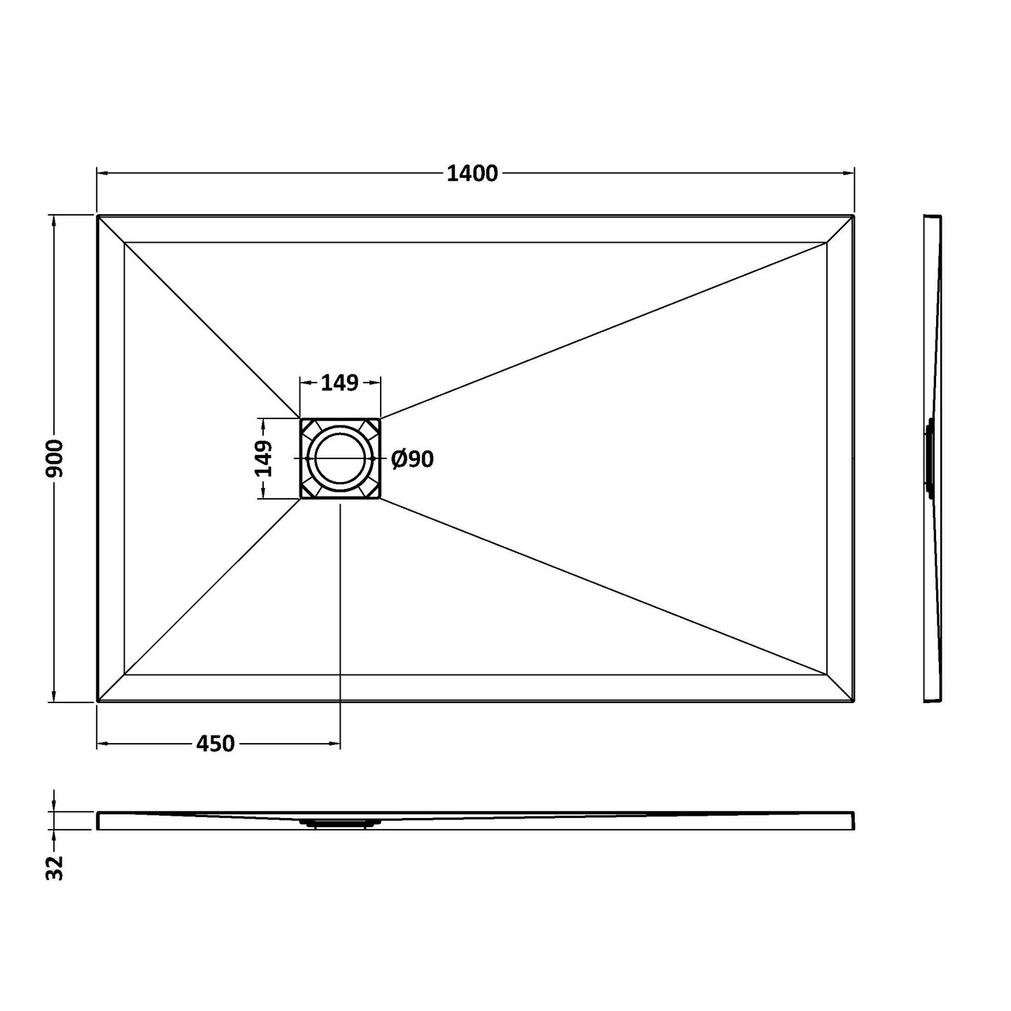 Fairford Rectangular White Slate Shower Tray, Center Waste-1400mm x 900mm