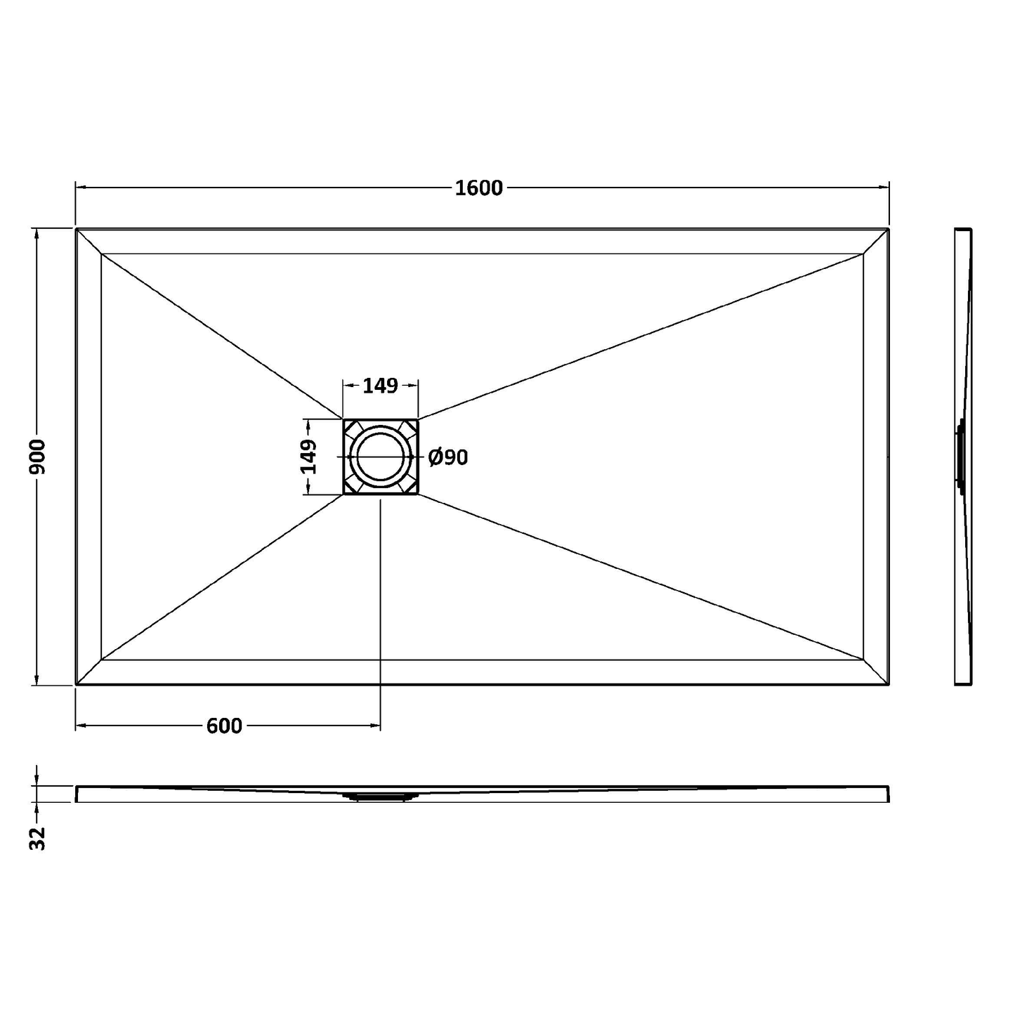 Fairford Rectangular White Slate Shower Tray, Center Waste-1600mm x 900mm