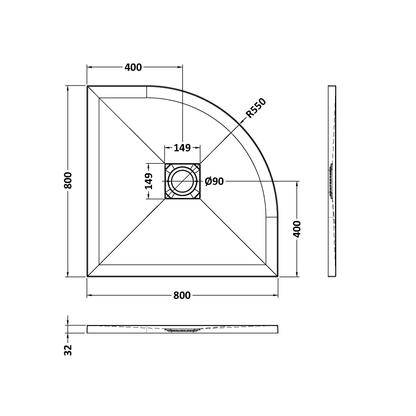 Fairford Quadrant White Slate Shower Tray, Center Waste-800mm x 800mm
