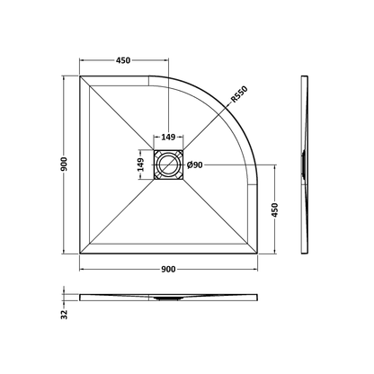 Fairford Quadrant White Slate Shower Tray, Center Waste-900mm x 900mm