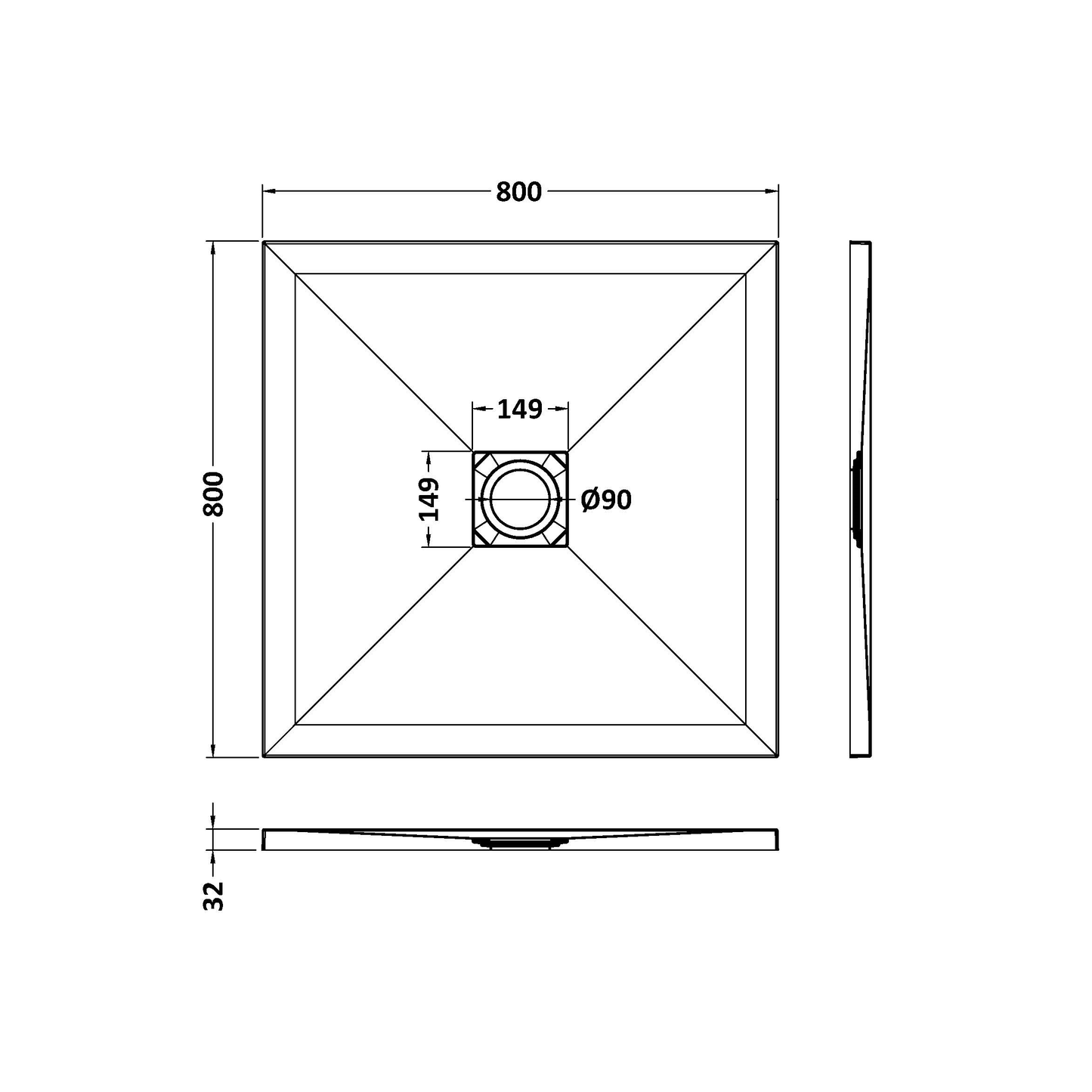 Fairford Square Grey Slate Shower Tray, Center Waste-800mm x 800mm