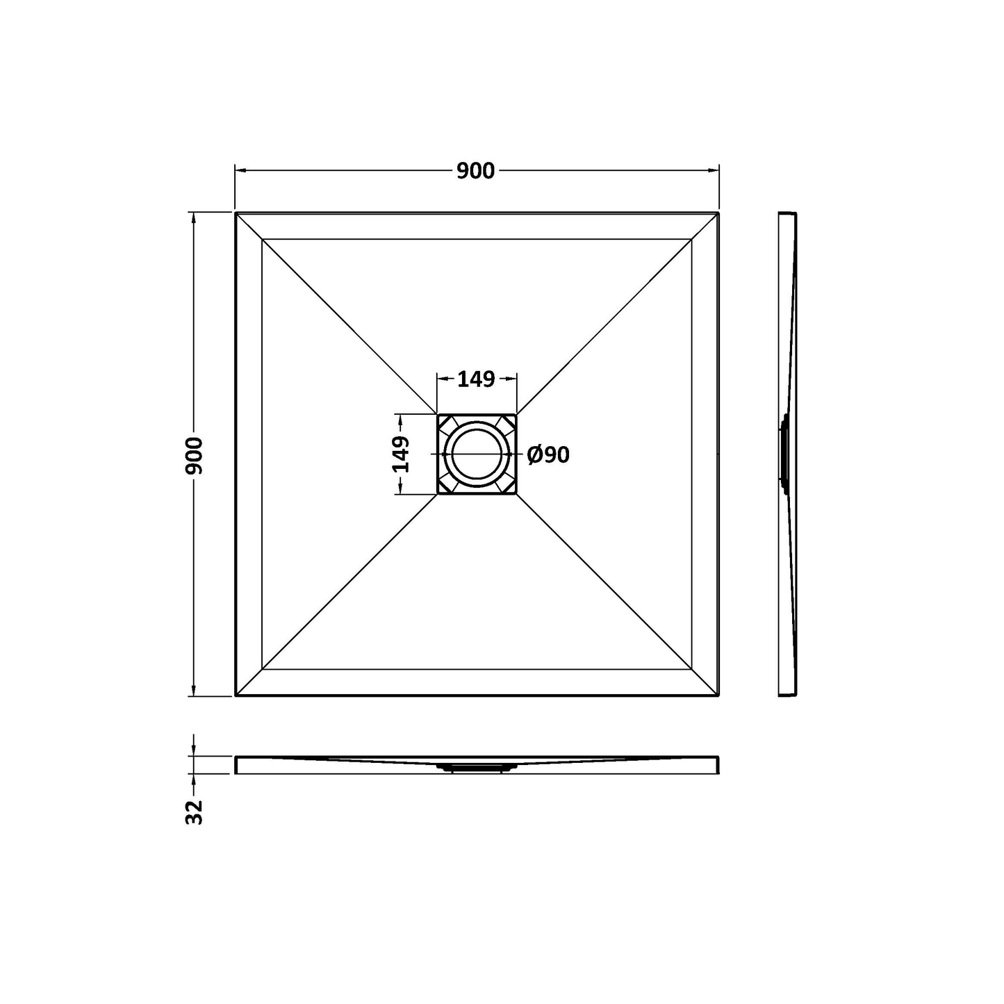 Fairford Square Grey Slate Shower Tray, Center Waste-900mm x 900mm