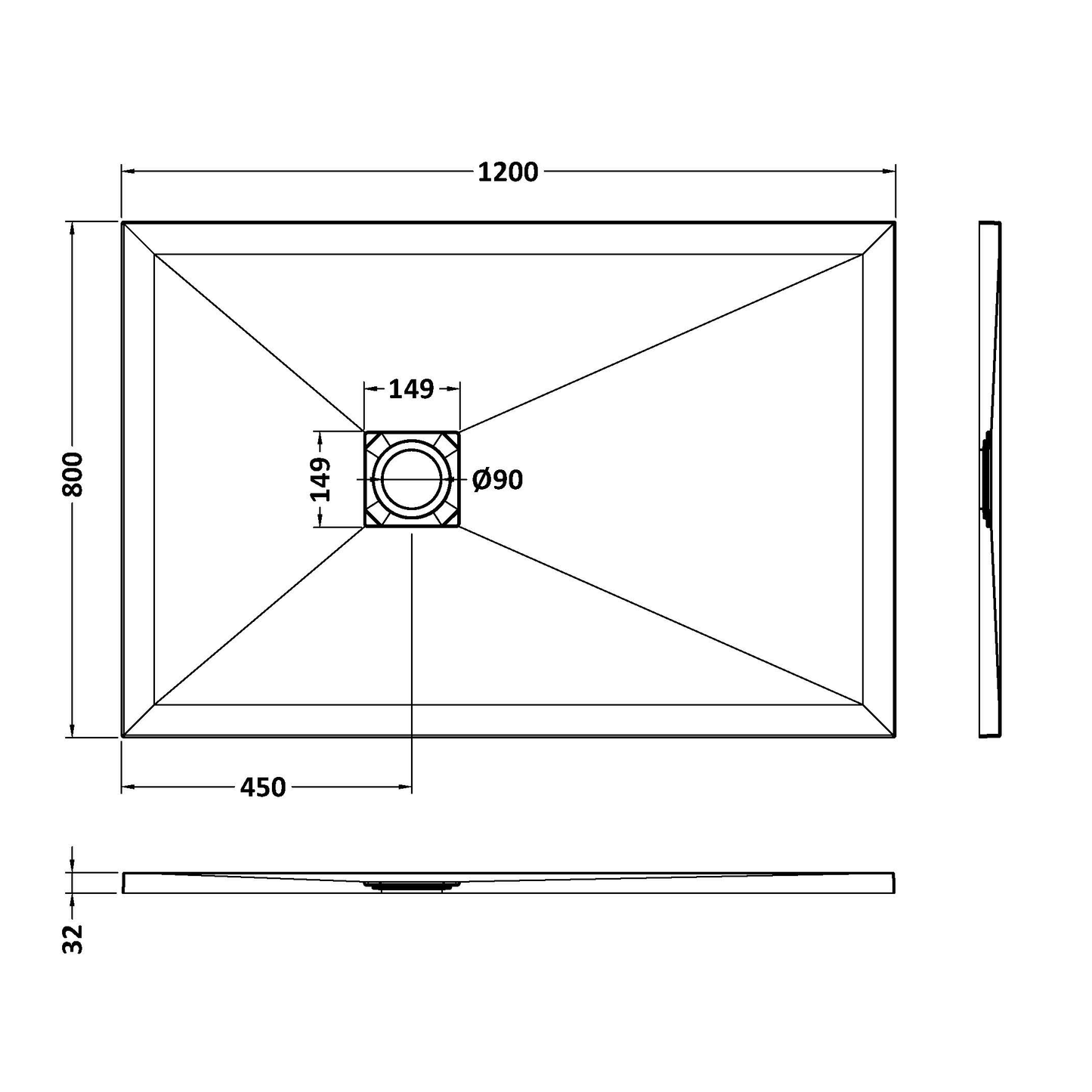 Fairford Rectangular Grey Slate Shower Tray, Center Waste-1200mm x 800mm