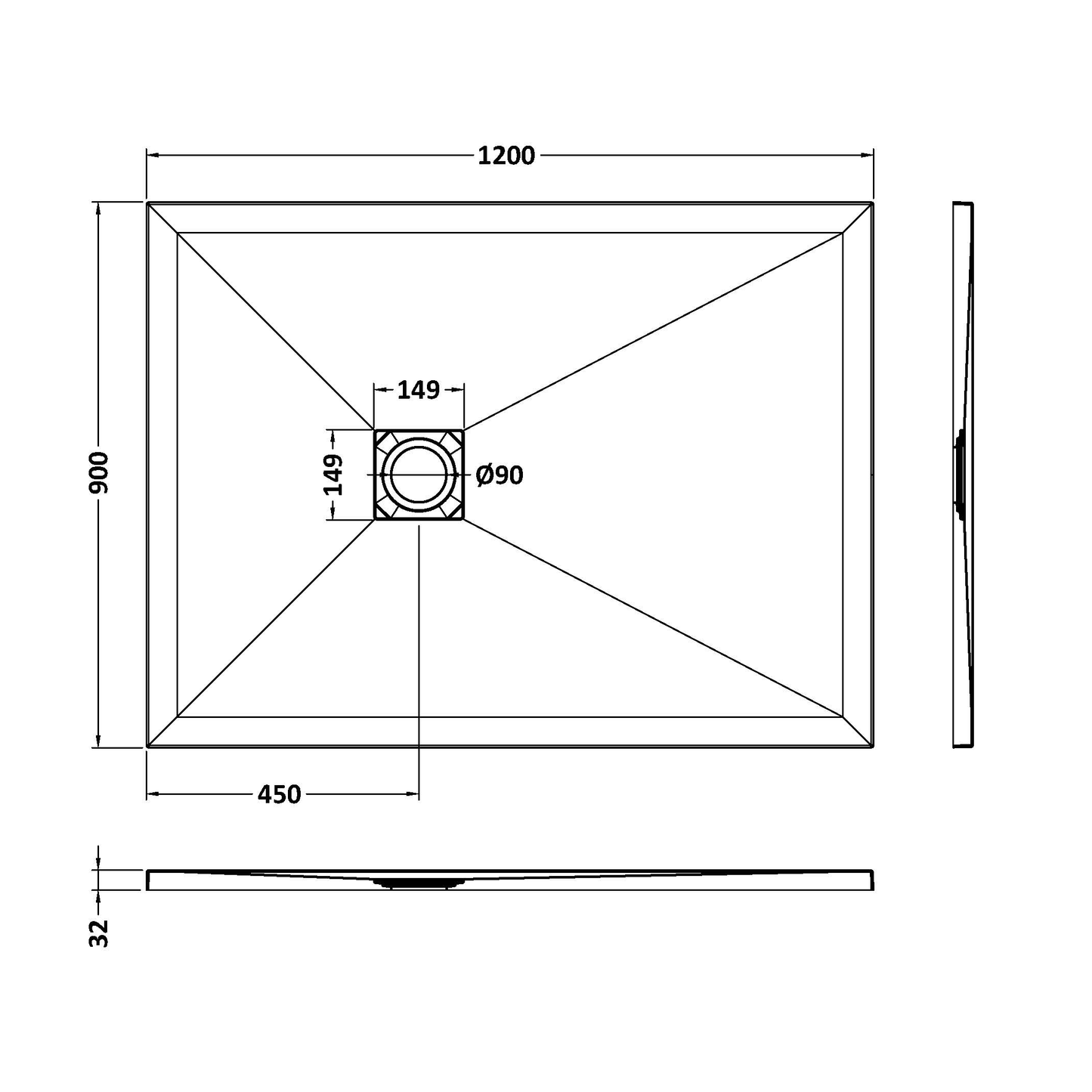Fairford Rectangular Grey Slate Shower Tray, Center Waste-1200mm x 900mm