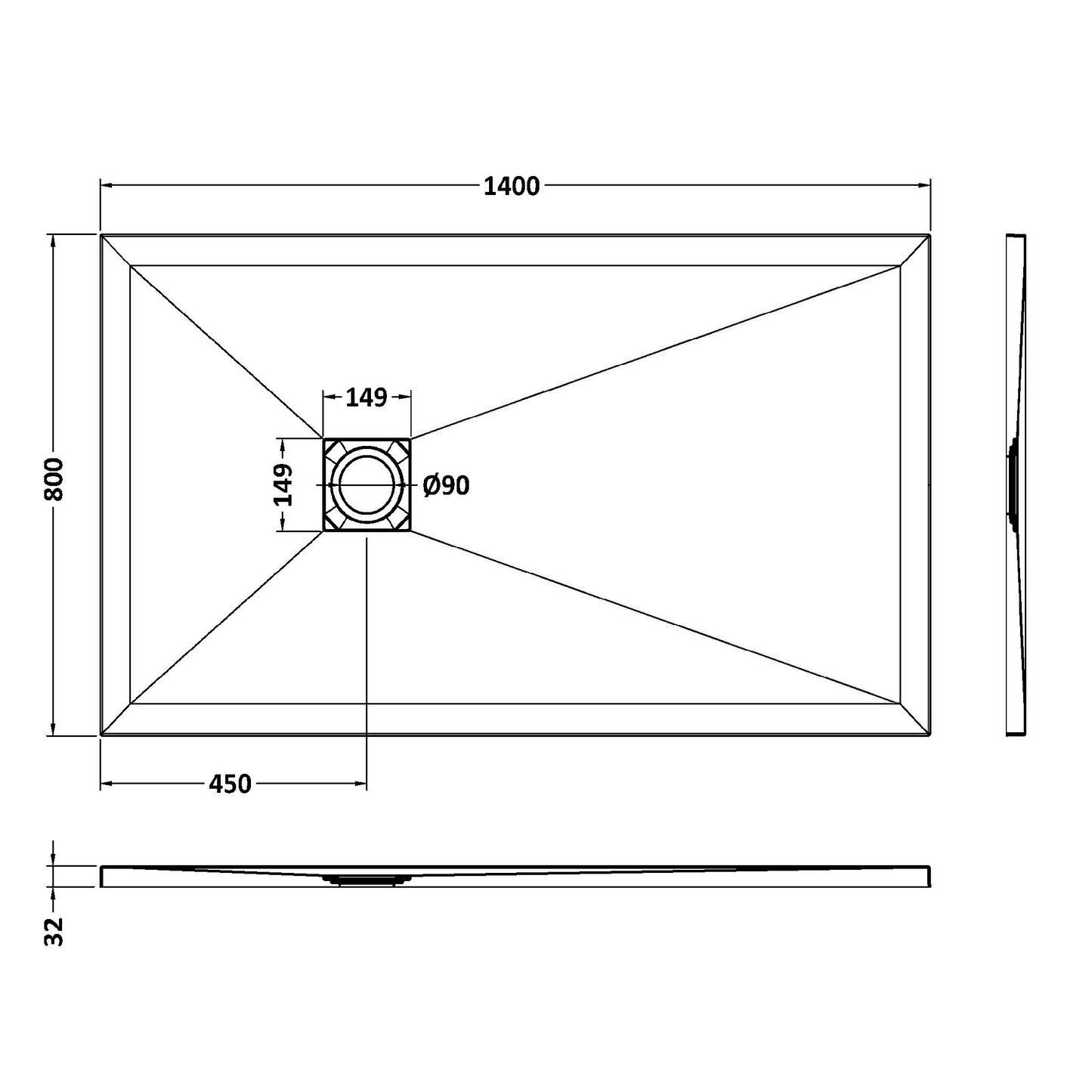 Fairford Rectangular Grey Slate Shower Tray, Center Waste-1400mm x 800mm