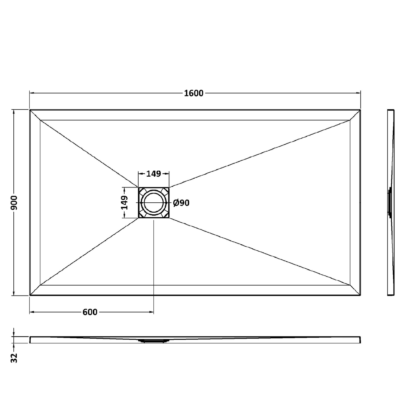 Fairford Rectangular Grey Slate Shower Tray, Center Waste-1600mm x 800mm