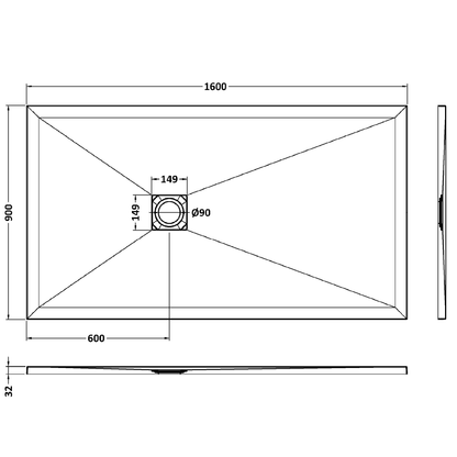 Fairford Rectangular Grey Slate Shower Tray, Center Waste-1600mm x 900mm