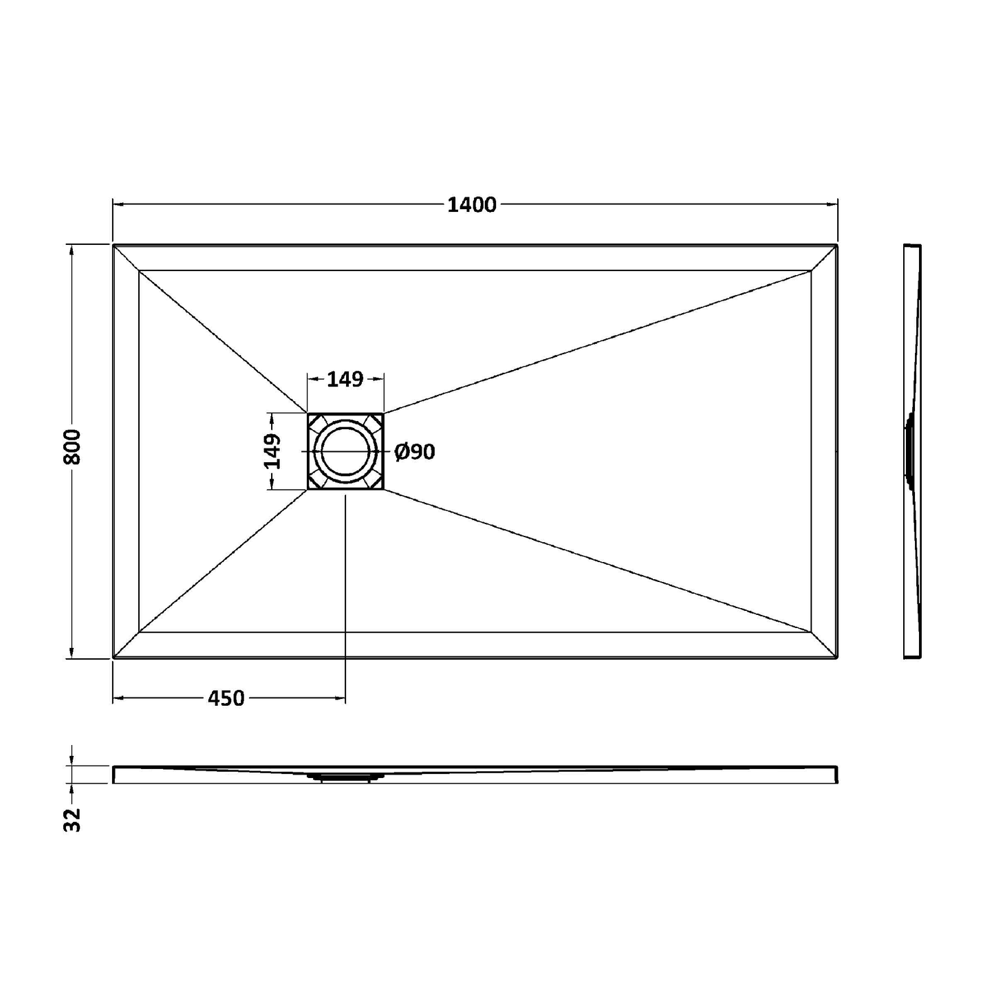 Fairford Rectangular Black Slate Shower Tray, Center Waste-1400mm x 800mm