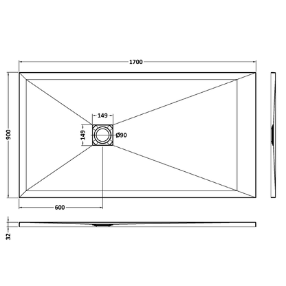 Fairford Rectangular Black Slate Shower Tray, Center Waste-1700mm x 900mm