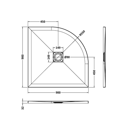 Fairford Quadrant Black Slate Shower Tray, Center Waste-900mm x 900mm