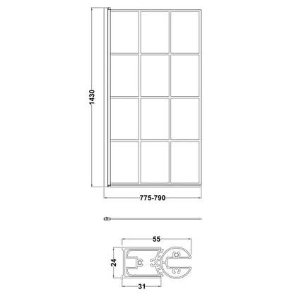 Fairford 6mm Matt Black Square Grid Hinged Bath Screen