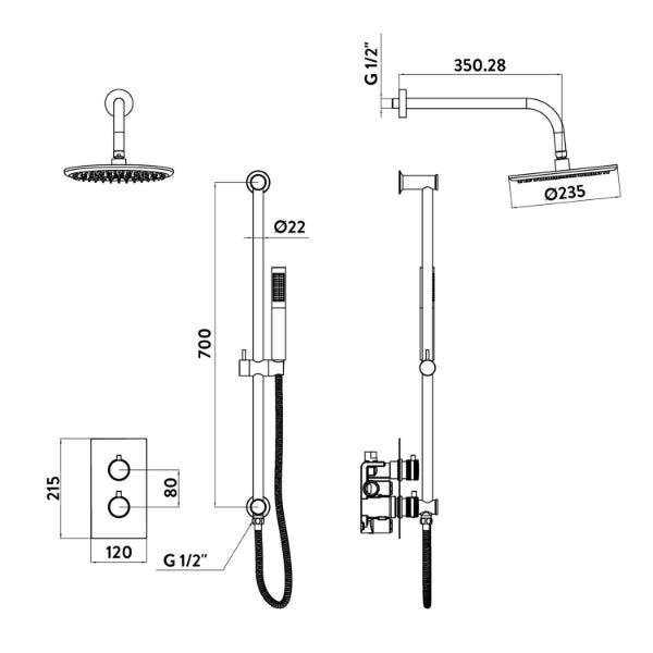 Fairford Element 7 Brushed Brass Concealed Shower Kit with Overhead and Slide Rail Kit