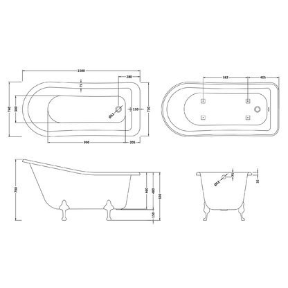 Fairford Portchester 1500mm Freestanding Baths - Various Feet Options-Deacon Feet