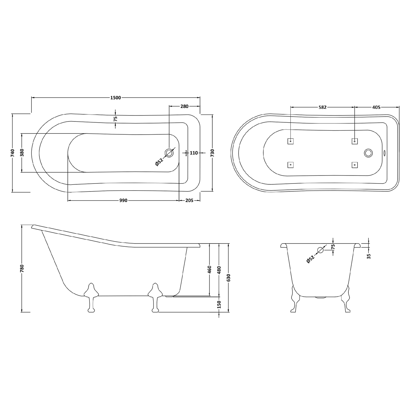 Fairford Portchester 1500mm Freestanding Baths - Various Feet Options-Corbel Feet