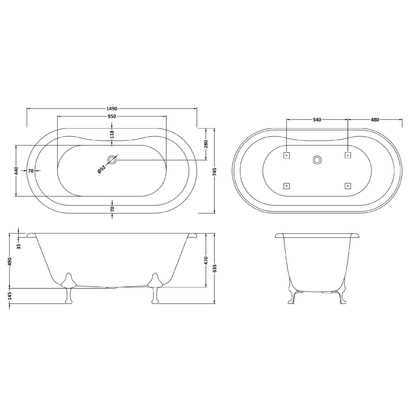 Fairford Bolsover 1500mm Freestanding Baths - Various Feet Options-Pride Feet