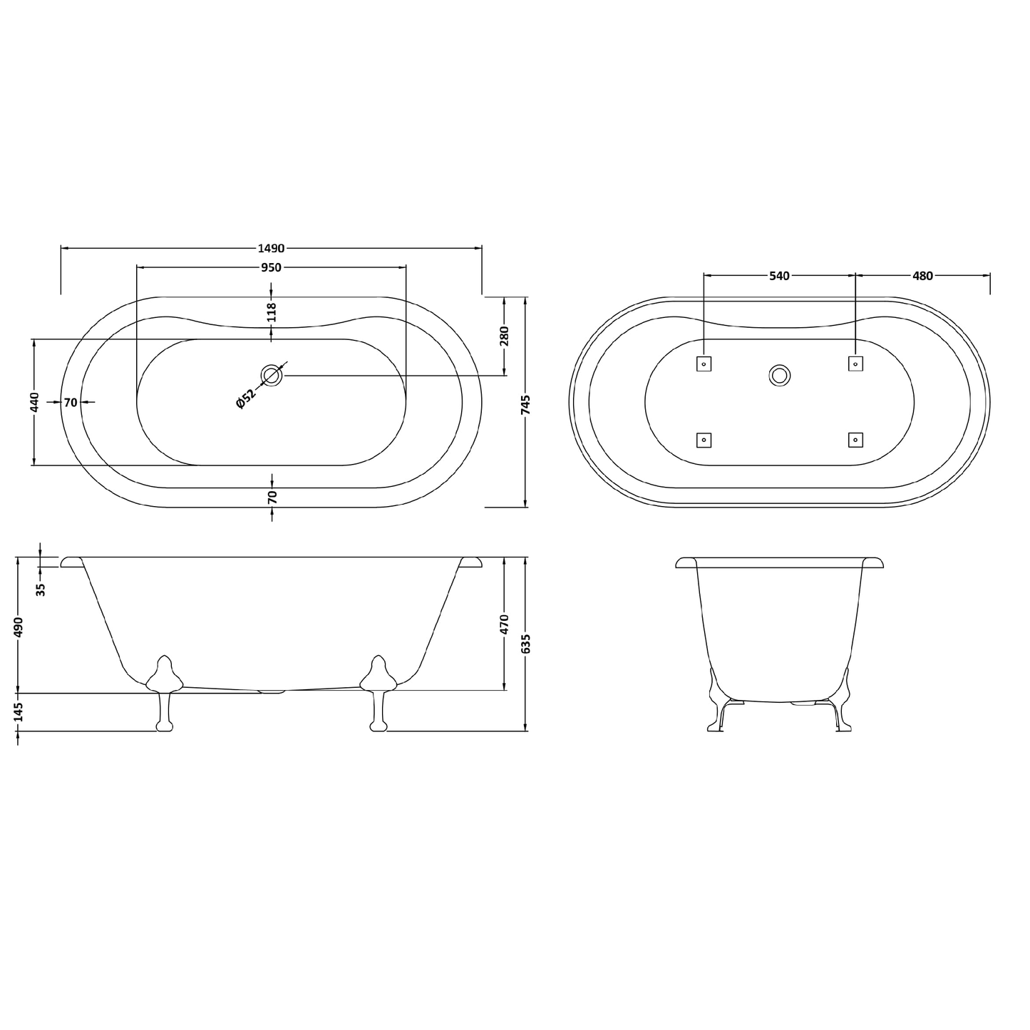 Fairford Bolsover 1500mm Freestanding Baths - Various Feet Options-Corbel Feet