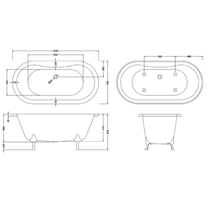 Fairford Bolsover 1500mm Freestanding Baths - Various Feet Options-Corbel Feet