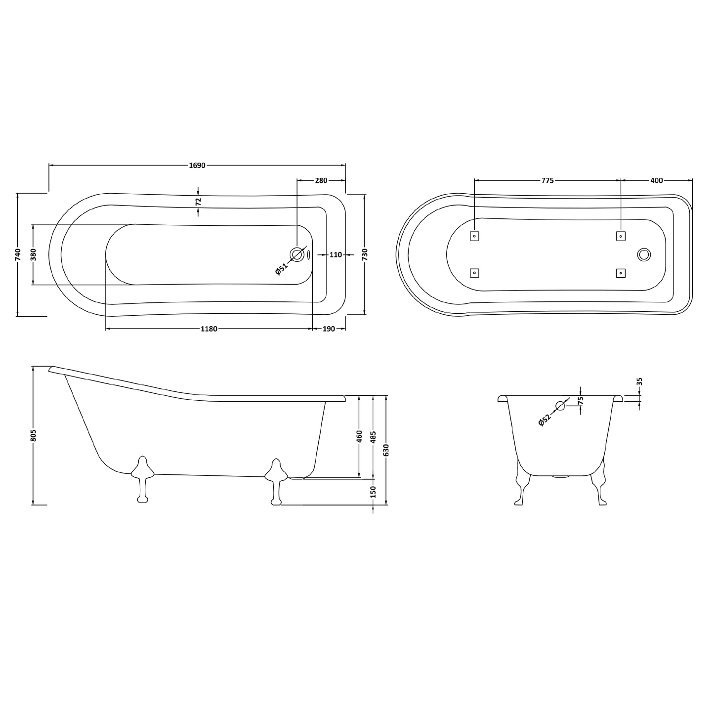Fairford Portchester 1700mm Freestanding Baths - Various Feet Options-Deacon Feet