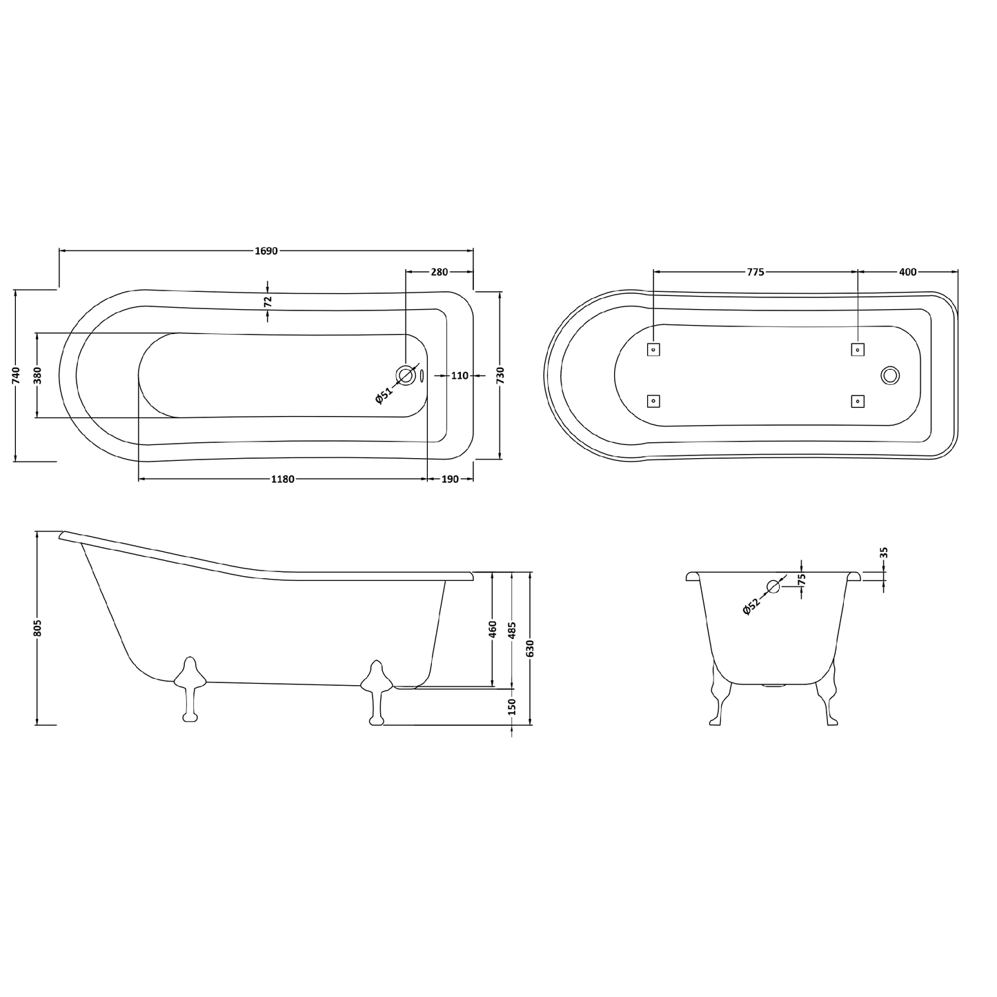 Fairford Portchester 1700mm Freestanding Baths - Various Feet Options-Corbel Feet