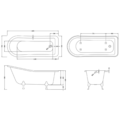 Fairford Portchester 1700mm Freestanding Baths - Various Feet Options-Corbel Feet