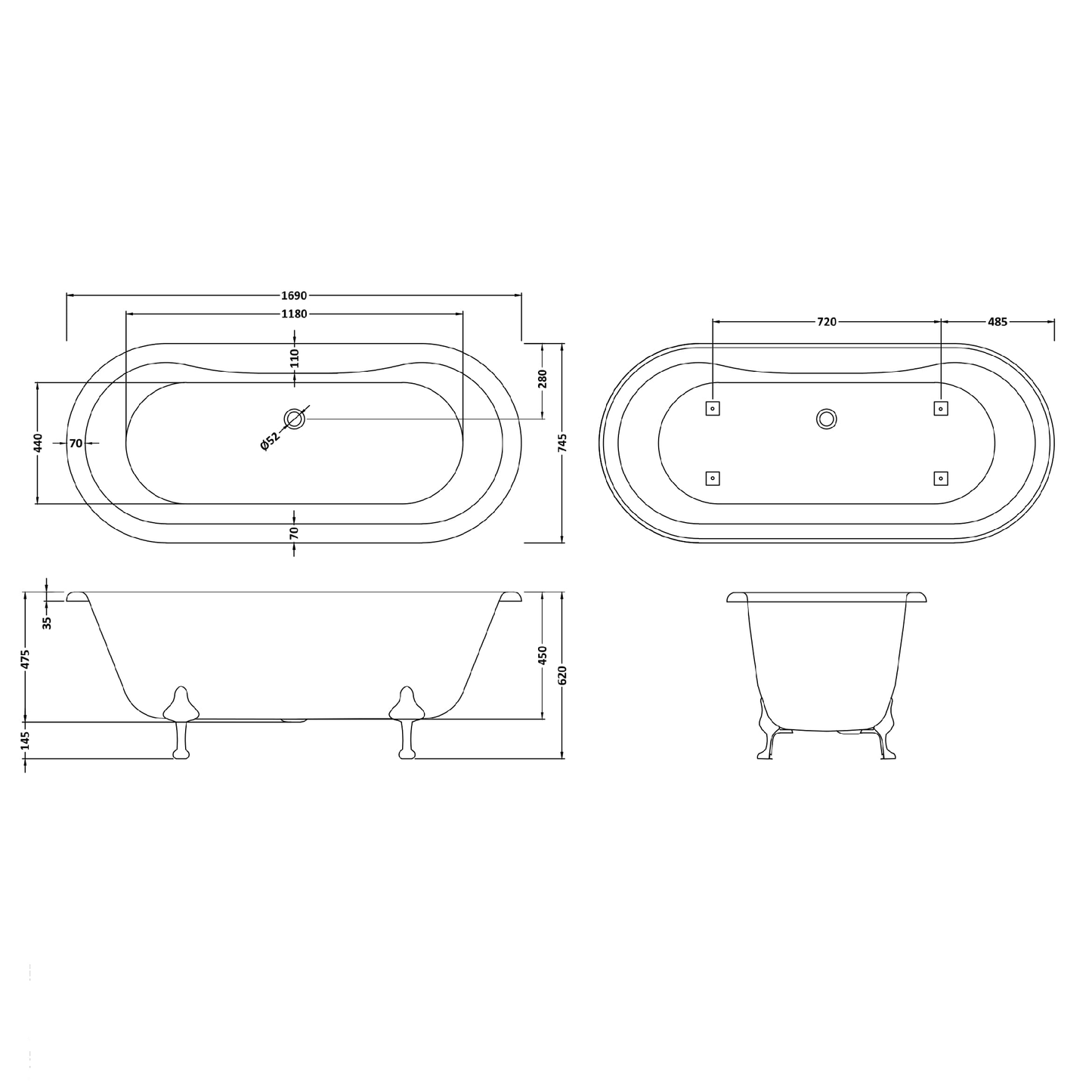 Fairford Bolsover 1700mm Freestanding Baths - Various Feet Options-Deacon Feet