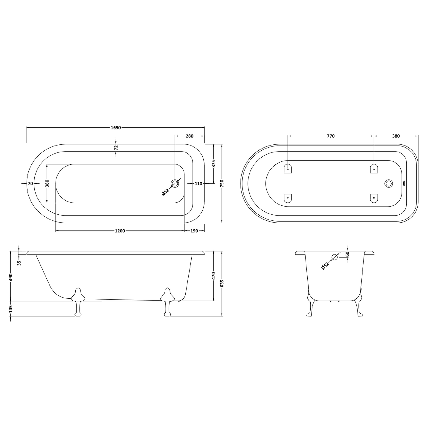 Fairford Kenilworth 1700mm Freestanding Baths - Various Feet Options-Corbel Feet