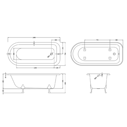 Fairford Kenilworth 1700mm Freestanding Baths - Various Feet Options-Corbel Feet