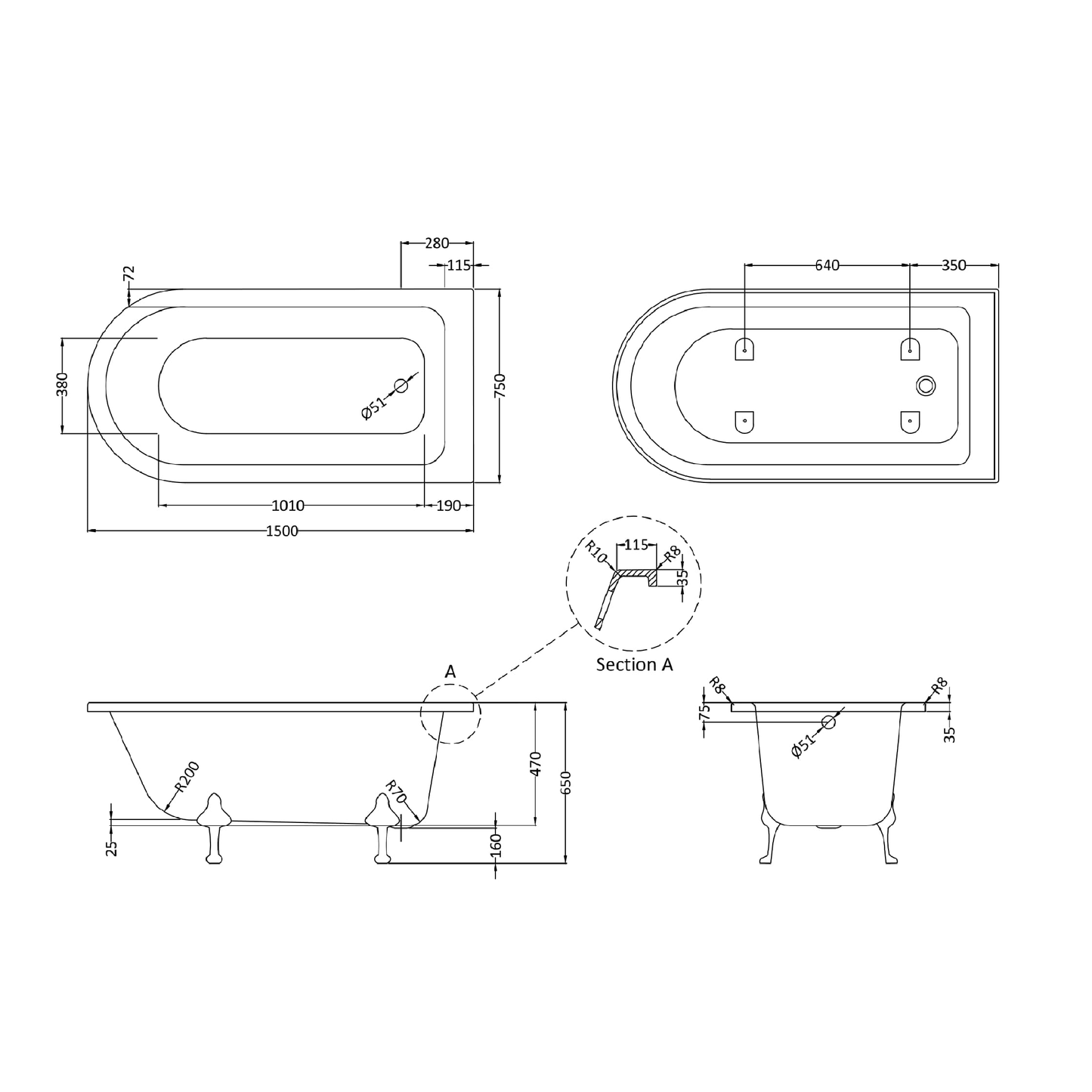 Fairford Middleham 1500mm Freestanding Baths - Various Feet Options-Corbel Feet