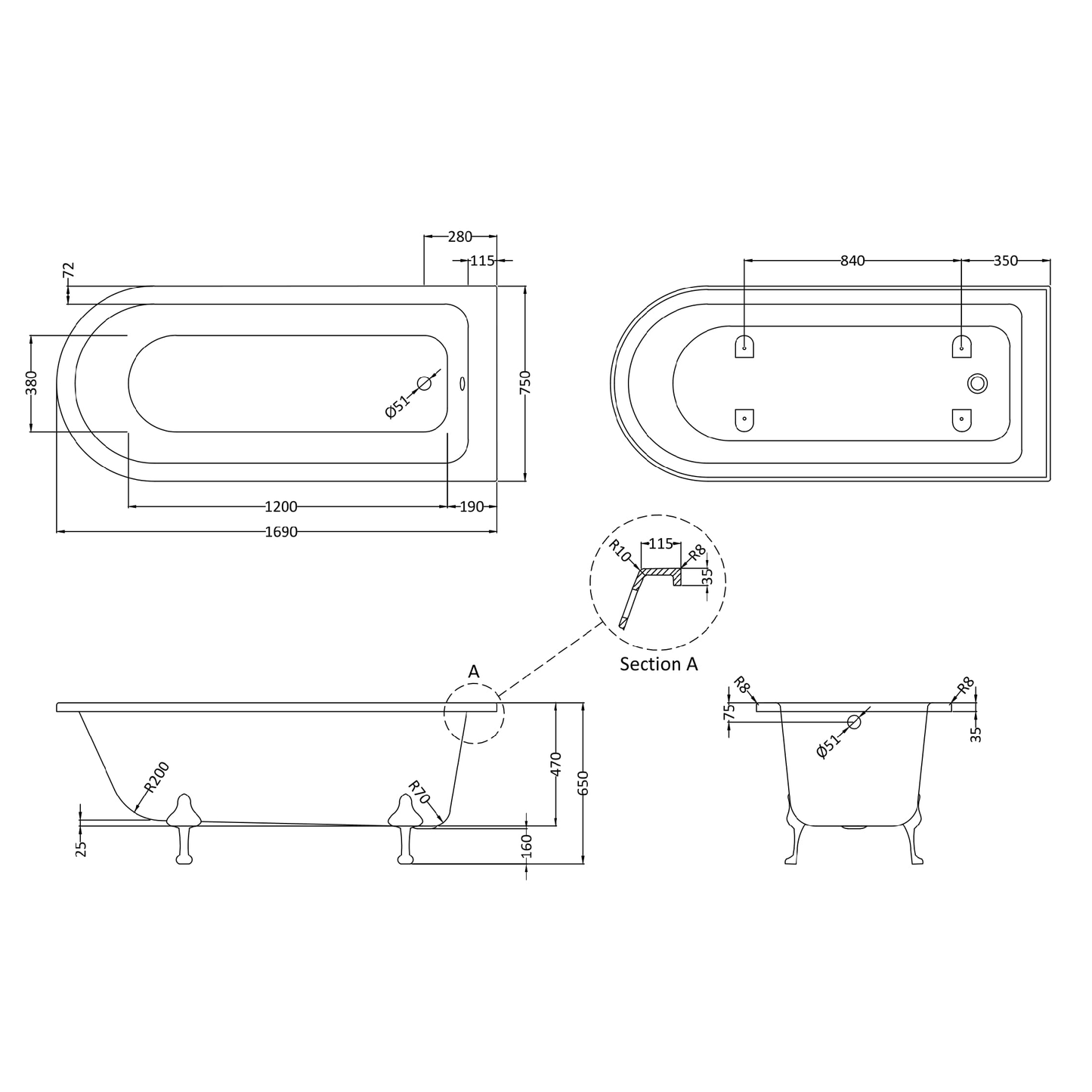 Fairford Middleham 1700mm Freestanding Baths - Various Feet Options-Corbel Feet