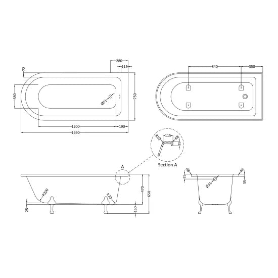 Fairford Middleham 1700mm Freestanding Bath with Deacon Feet