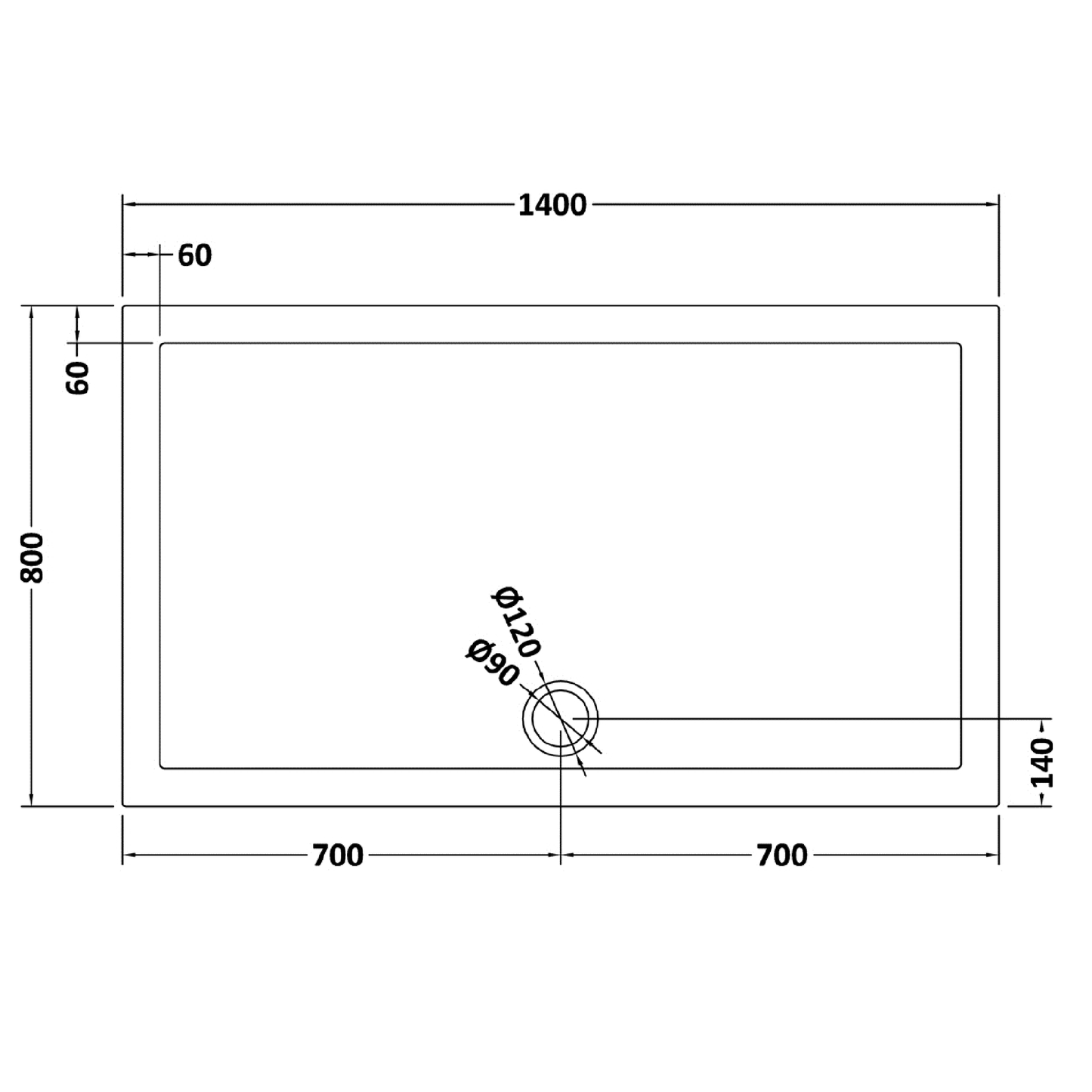 Rivato Slate Grey Rectangular Shower Tray, Side Waste-1400mm x 800mm