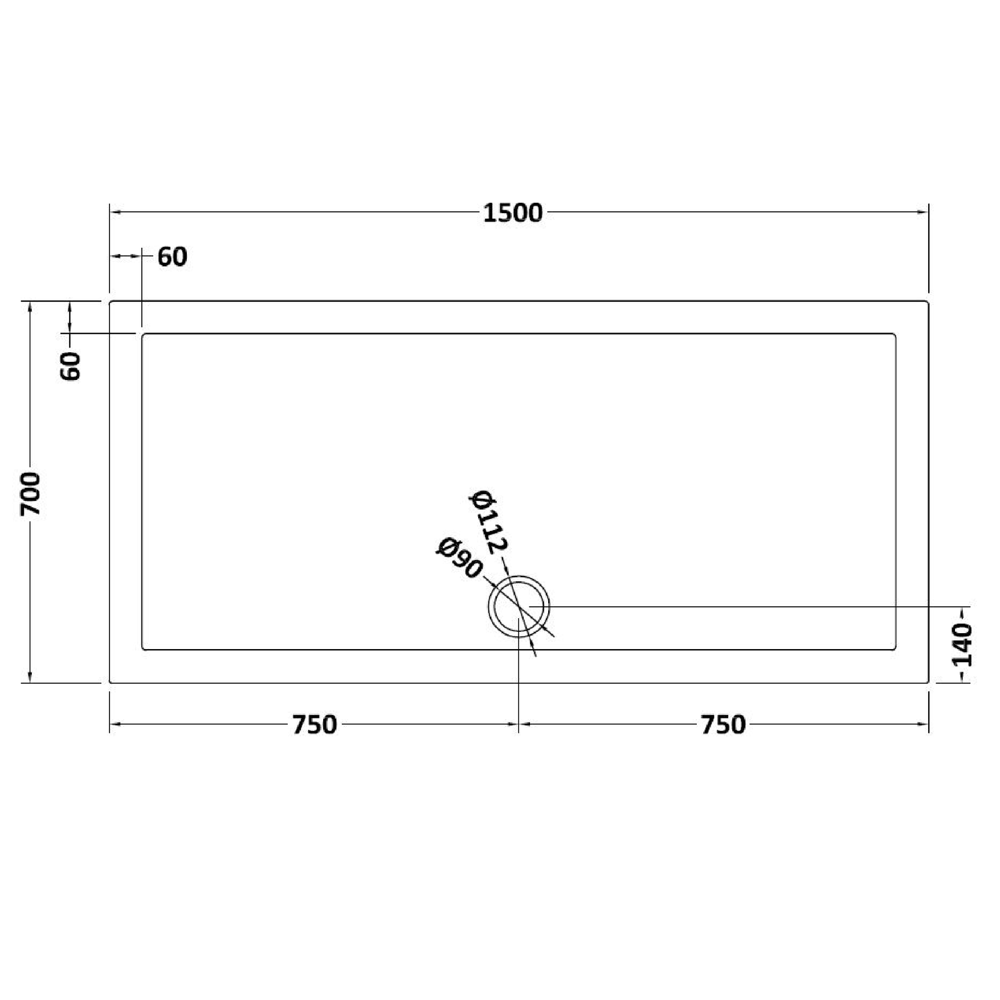 Rivato Slate Grey Rectangular Shower Tray, Side Waste-1500mm x 700mm