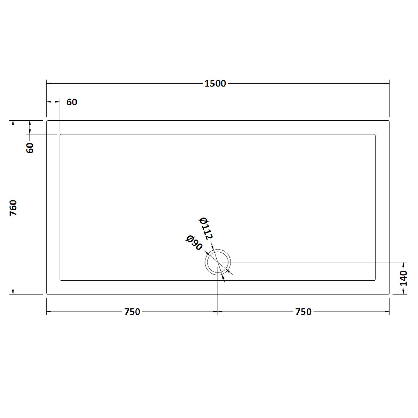 Rivato Slate Grey Rectangular Shower Tray, Side Waste-1500mm x 760mm