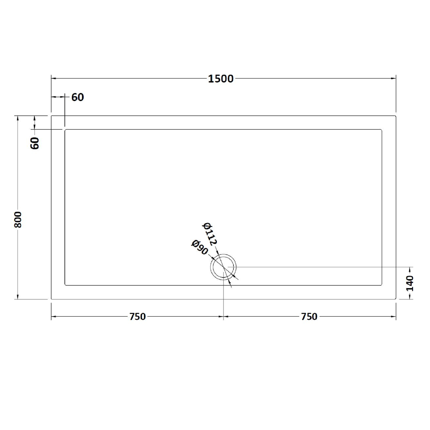 Rivato Slate Grey Rectangular Shower Tray, Side Waste-1500mm x 800mm