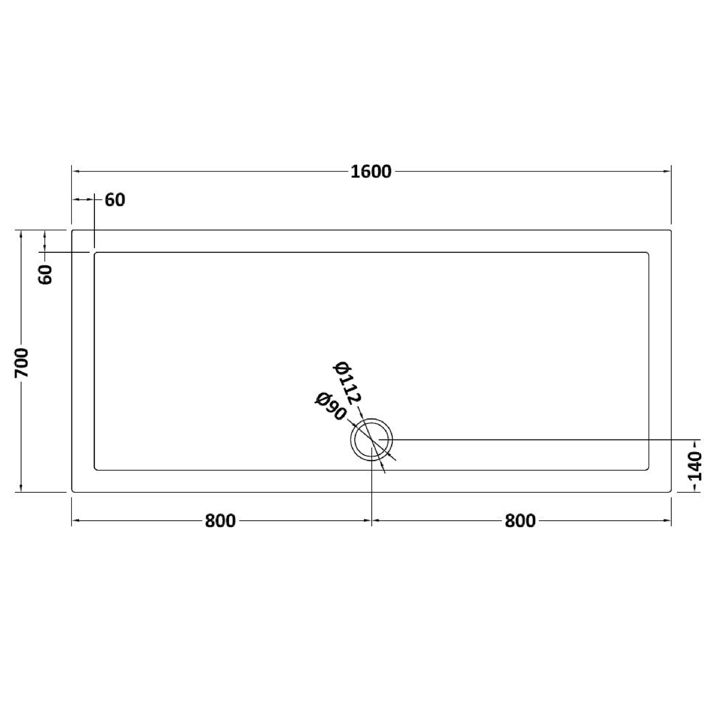 Rivato Slate Grey Rectangular Shower Tray, Side Waste-1600mm x 700mm