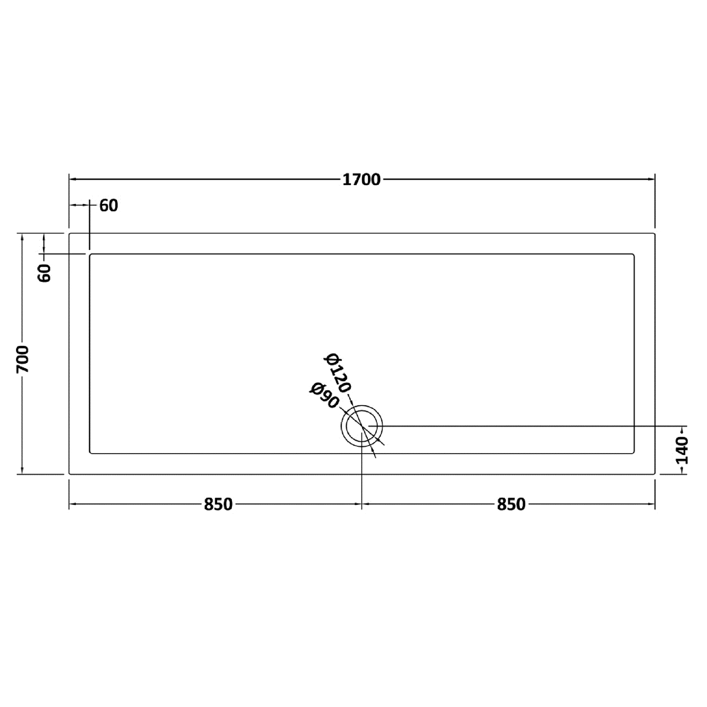 Rivato Slate Grey Rectangular Shower Tray, Side Waste-1700mm x 700mm