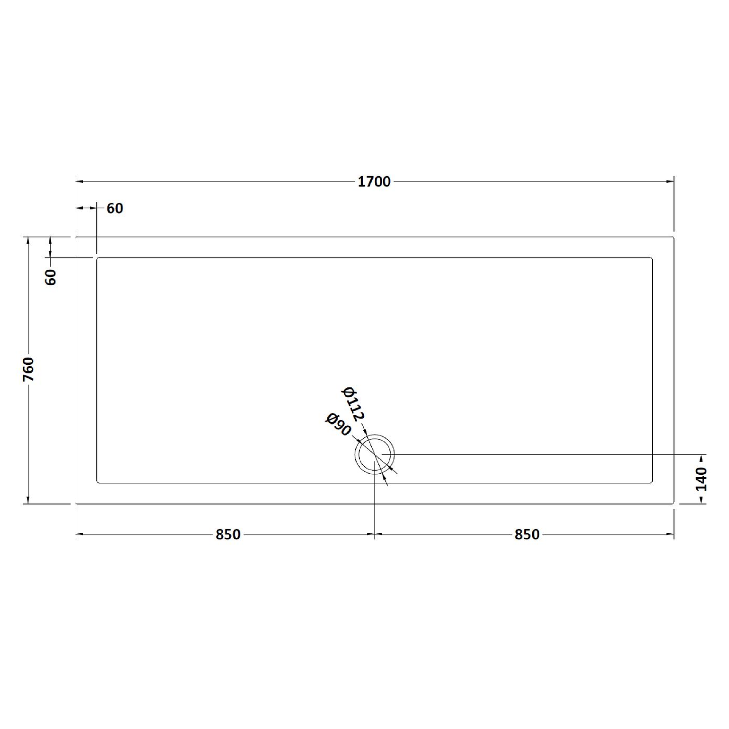 Rivato Slate Grey Rectangular Shower Tray, Side Waste-1700mm x 760mm