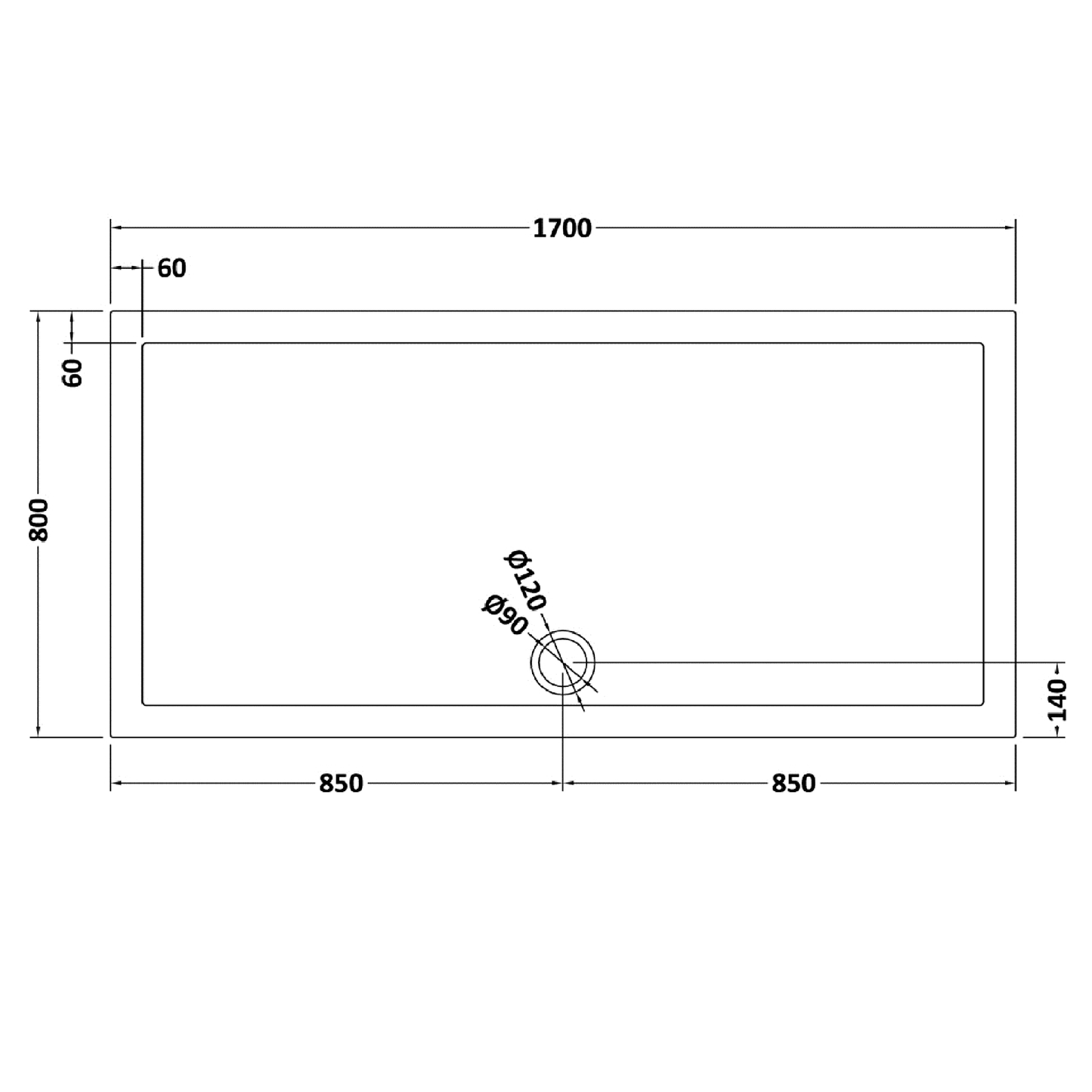 Rivato Slate Grey Rectangular Shower Tray, Side Waste-1700mm x 800mm